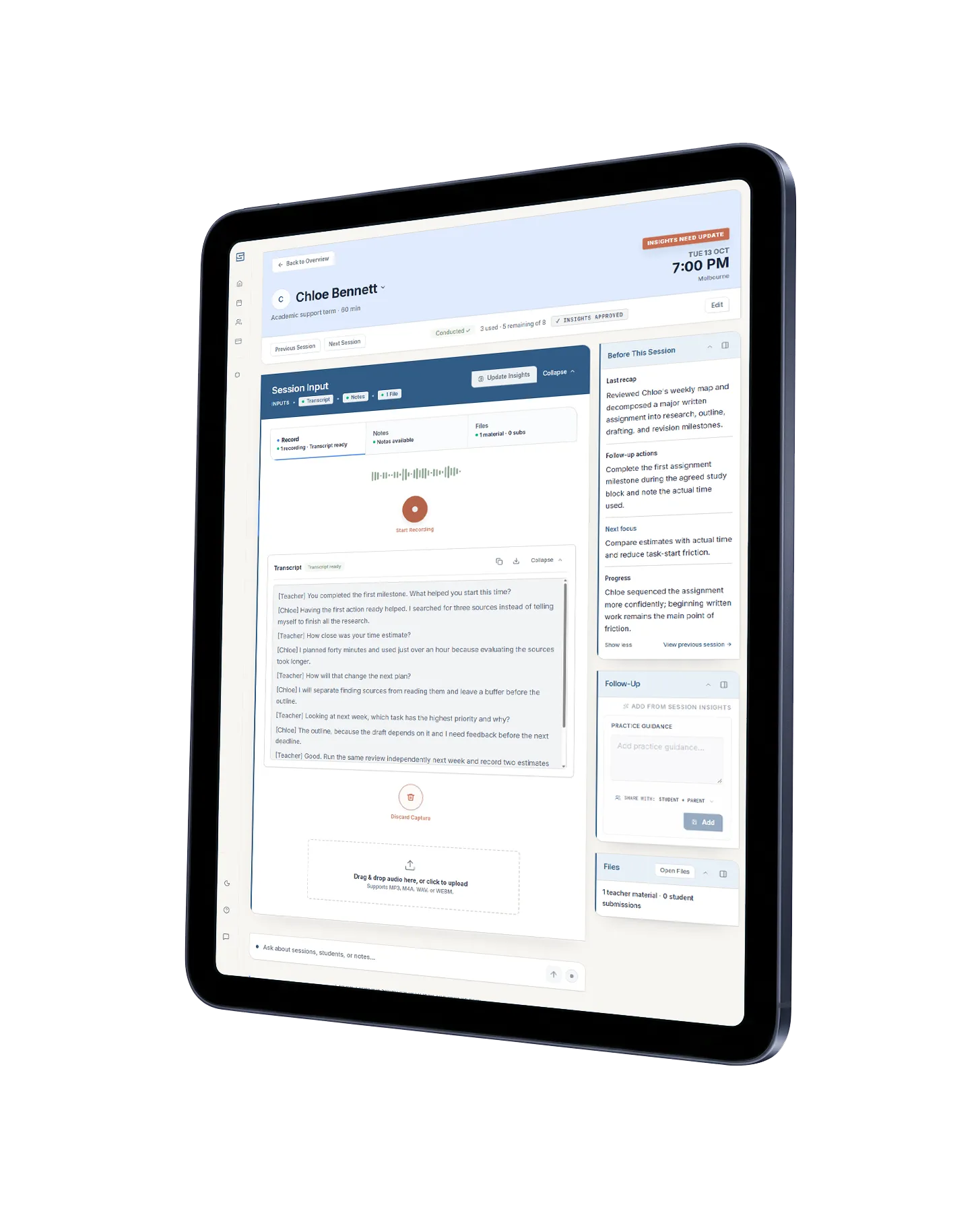 Session transcript in Sessions on iPad. The view changes in turn between the transcript, files, notes and insights.