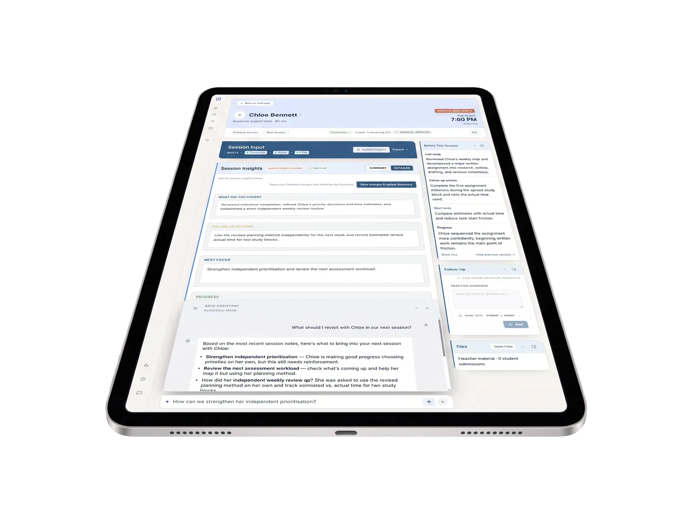 The Arve Assistant open beside a student’s session in Sessions on iPad, with a question typed into the chat bar.