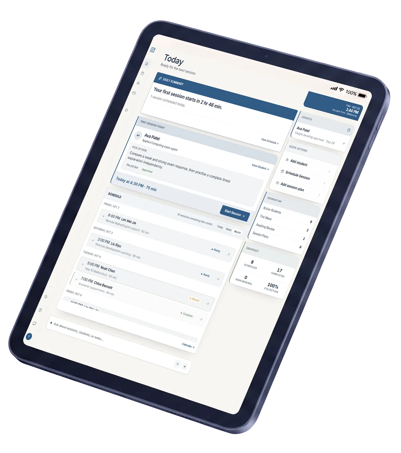 Sessions Home on iPad: today’s first session, the week’s schedule and teaching momentum.